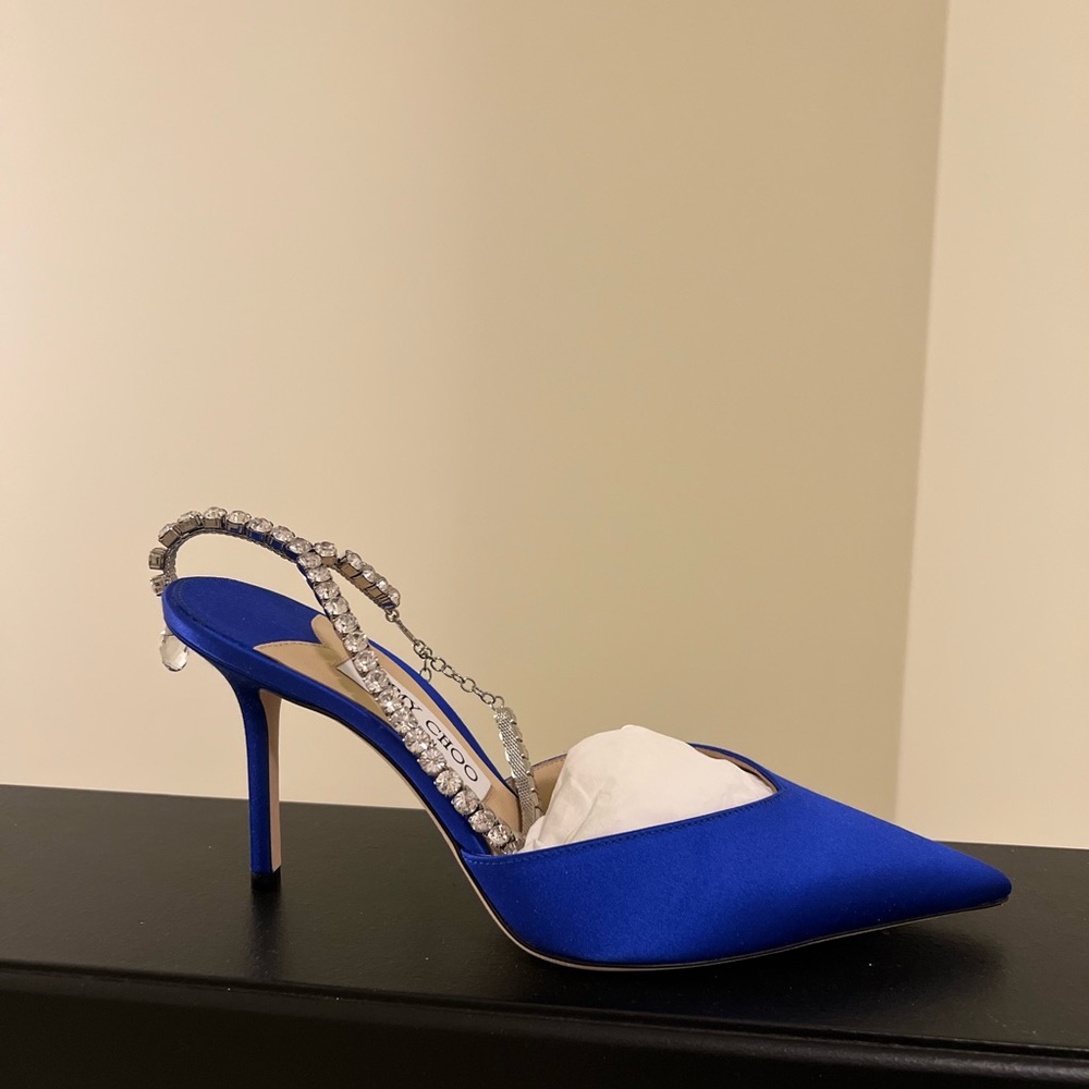 Jimmy Choo Saeda 85 Royal Blue Satin Heels with Crystal Strap - Picture 5 of 6